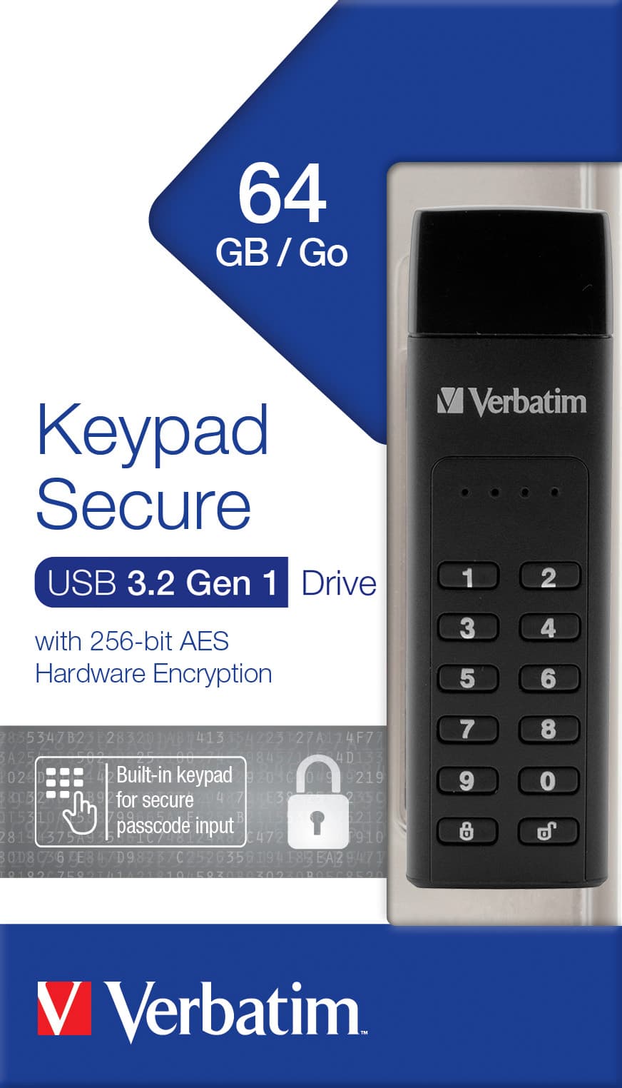 Clé USB 3.2 Verbatim 64 Go, sécurisée, clavier, AES-256-Bit Type-A, (R) 160 Mo/s, (W) 140 Mo/s, vente au détail