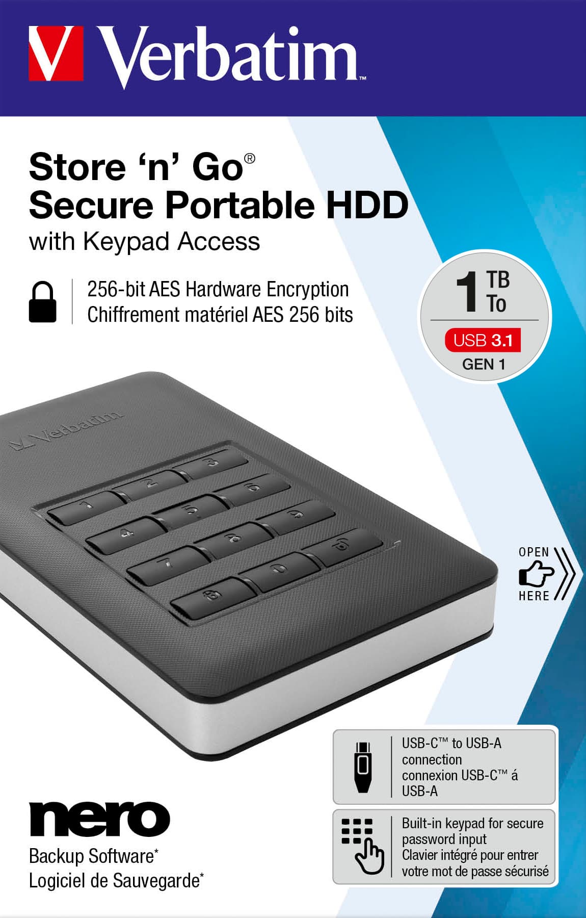 Disque dur Verbatim 1 To USB 3.1, CA, 6,35 cm (2,5''), noir Secure Portable, clavier, AES-256 bits, vente au détail