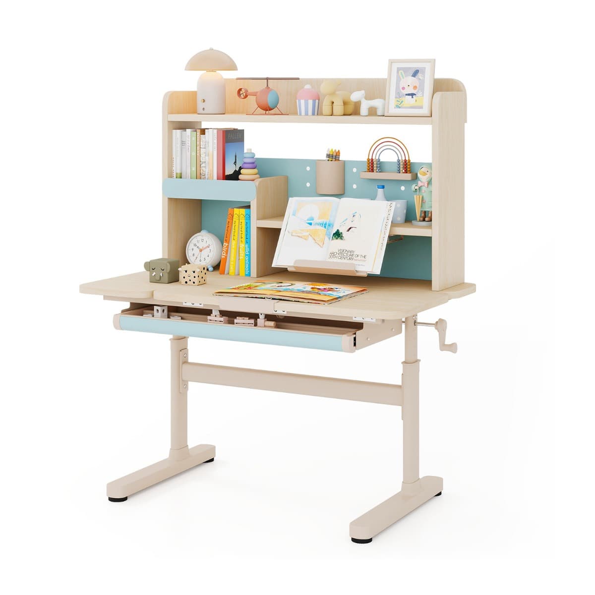 CostwayBureau d'Étude pour Enfants avec Bibliothèque et Tiroir Table d'Écriture Réglable en Hauteur pour Enfants avec Plateau Inclinable Bleu
