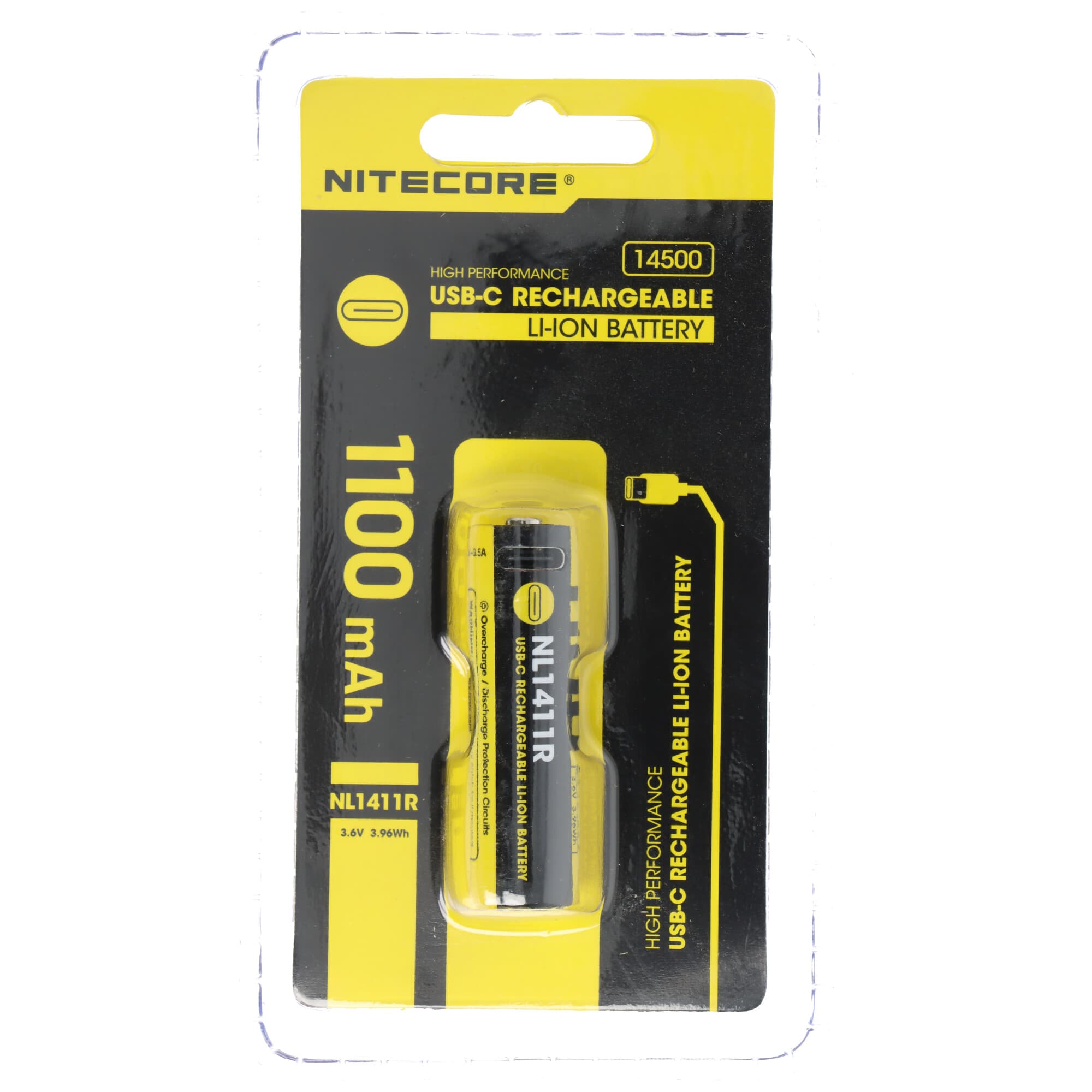 Batterie Nitecore Li-Ion 14500, type NL1411R, 3,6V 1100mAh, avec port de chargement USB-C