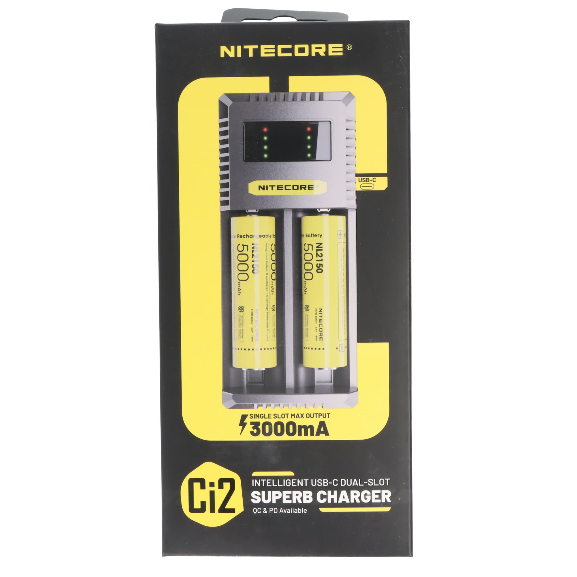 Chargeur Nitecore CI2, chargeur rapide intelligent à 2 volets avec port de charge USB-C, charge les batteries Li-Ion, NiMH et NiCd