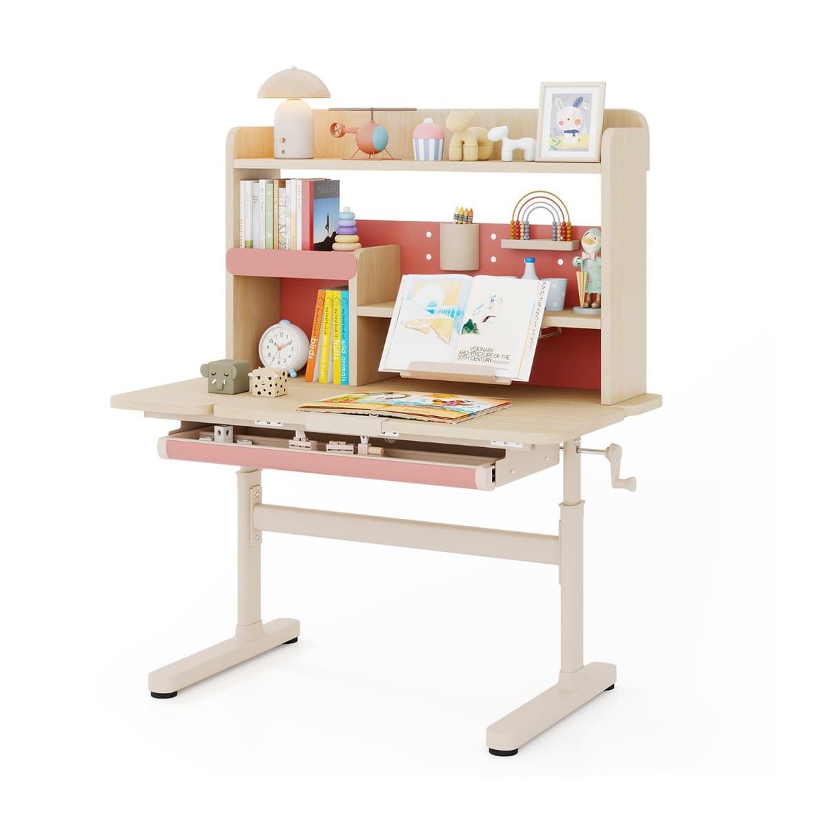 CostwayBureau d'Étude pour Enfants avec Bibliothèque et Tiroir Table d'Écriture Réglable en Hauteur pour Enfants avec Plateau Inclinable Rose